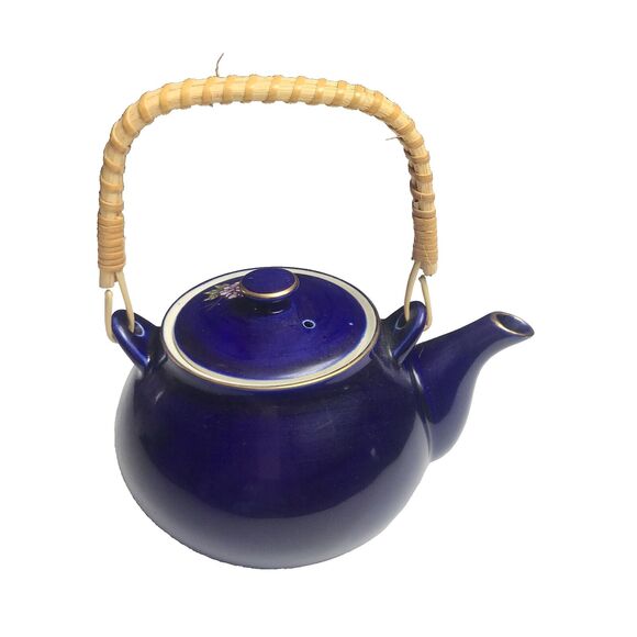 Vintage KUTANI JAPANESE TEA SET Cobalt Blue Porcelain Flower Cart Gold Leaf Trim - Picture 3 of 15